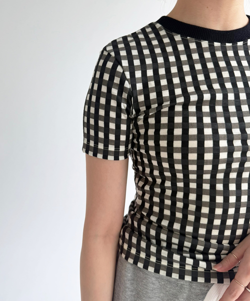 EDIT. FOR LULU(エディットフォールル)の「【babaco/ババコ】Gingham Check T-shirts(Tシャツ/カットソー・レディース・ブラック/カーキ・FREE)」の3枚目の写真