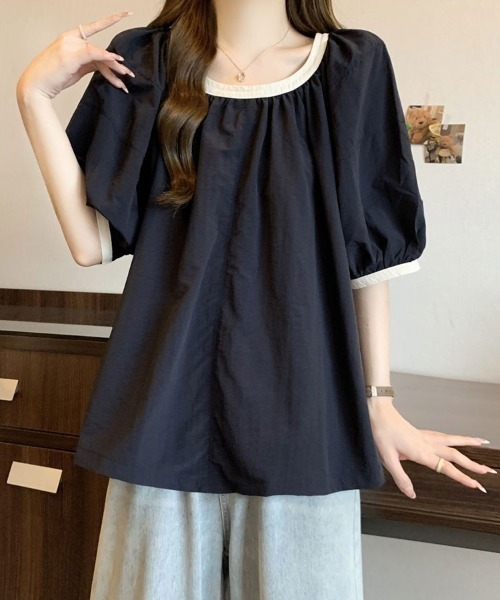 mielu(ミエル)の「配色フレアブラウス(シャツ/ブラウス・レディース・ブラック・LARGE/MEDIUM)」の1枚目の写真