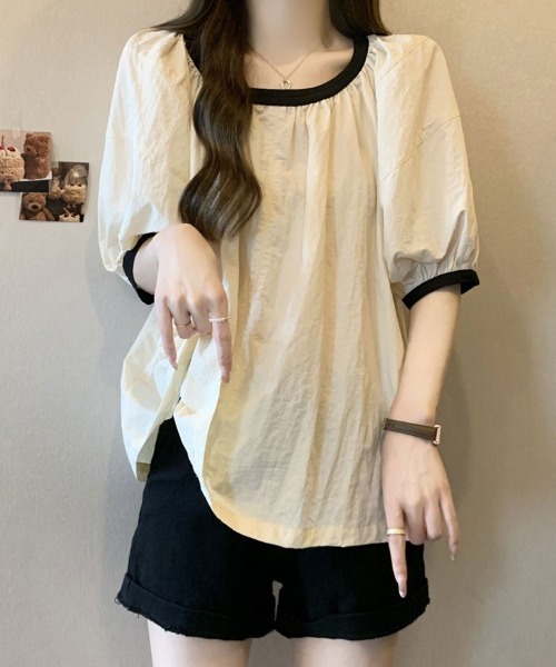 mielu(ミエル)の「配色フレアブラウス(シャツ/ブラウス・レディース・ブラック・LARGE/MEDIUM)」の2枚目の写真