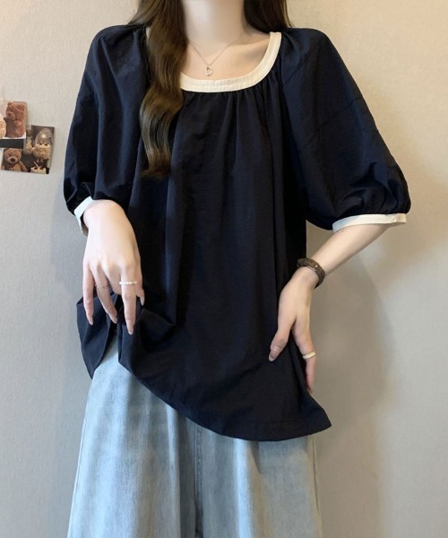 mielu(ミエル)の「配色フレアブラウス(シャツ/ブラウス・レディース・ブラック・LARGE/MEDIUM)」の7枚目の写真