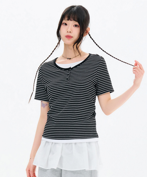 CHASECULT(チェイスカルト)の「レディースストライプレイヤード半袖Tシャツ-FBRG5874D03(Tシャツ/カットソー・レディース・ブラック・85/90)」の4枚目の写真