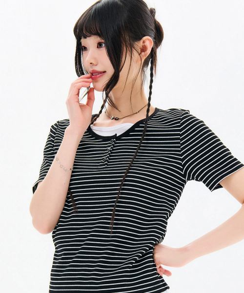 CHASECULT(チェイスカルト)の「レディースストライプレイヤード半袖Tシャツ-FBRG5874D03(Tシャツ/カットソー・レディース・ブラック・85/90)」の5枚目の写真