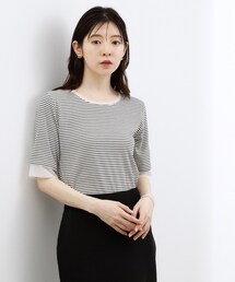 grove | 【ひんやり・UVカット】チュールトリミング5分袖Tシャツ(Tシャツ/カットソー)