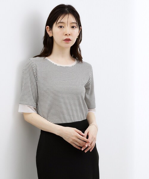 grove(グローブ)の「【ひんやり・UVカット】チュールトリミング5分袖Tシャツ(Tシャツ/カットソー・レディース・ブラック/ホワイト系5/こしょう色系/オフホワイト・02/03)」の3枚目の写真