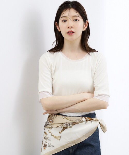 grove(グローブ)の「【ひんやり・UVカット】チュールトリミング5分袖Tシャツ(Tシャツ/カットソー・レディース・ブラック/ホワイト系5/こしょう色系/オフホワイト・02/03)」の5枚目の写真