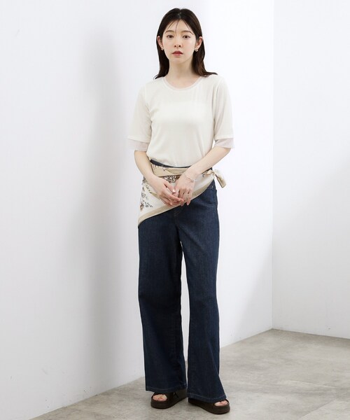 grove(グローブ)の「【ひんやり・UVカット】チュールトリミング5分袖Tシャツ(Tシャツ/カットソー・レディース・ブラック/ホワイト系5/こしょう色系/オフホワイト・02/03)」の6枚目の写真