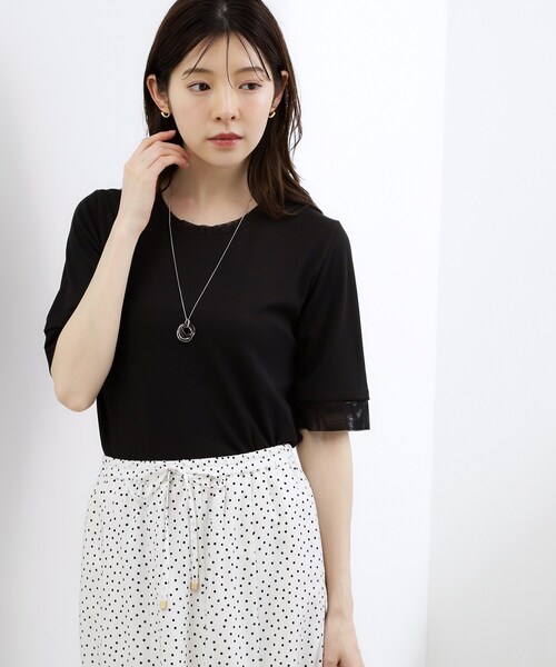 grove(グローブ)の「【ひんやり・UVカット】チュールトリミング5分袖Tシャツ(Tシャツ/カットソー・レディース・ブラック/ホワイト系5/こしょう色系/オフホワイト・02/03)」の9枚目の写真