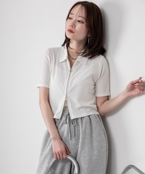 mellomela.（メロメラ）の「Wジップ襟付きカーディガン（Tシャツ/カットソー・レディース・ブラック/オフホワイト・M）」の2枚目の写真