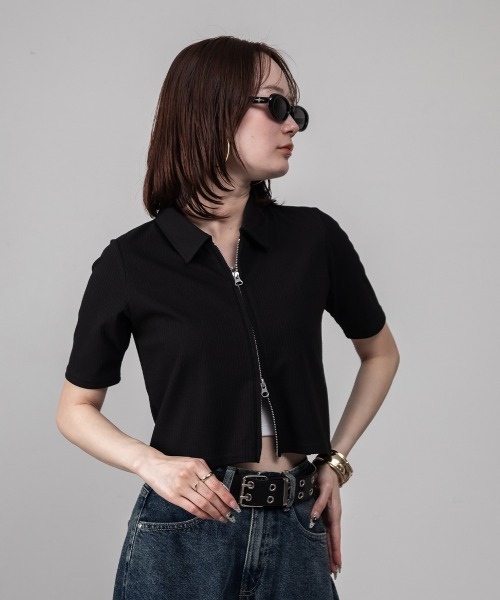 mellomela.（メロメラ）の「Wジップ襟付きカーディガン（Tシャツ/カットソー・レディース・ブラック/オフホワイト・M）」の7枚目の写真