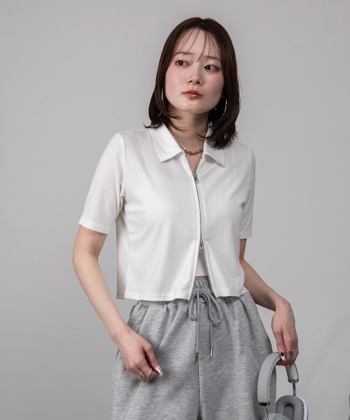 mellomela.（メロメラ）の「Wジップ襟付きカーディガン（Tシャツ/カットソー・レディース・ブラック/オフホワイト・M）」の3枚目の写真