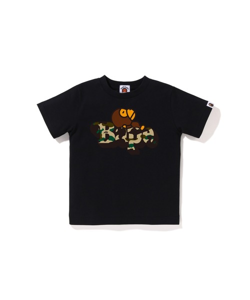 A BATHING APE(アベイシングエイプ)の「1ST CAMO MILO ON BAPE TEE(Tシャツ/カットソー・キッズ・ブラック×グリーン/ホワイト×イエロー/ホワイト×グリーン/ブラック×イエロー・130/110/140/100/90/120)」の1枚目の写真