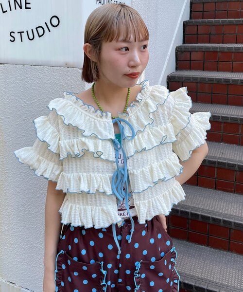HELLO.SANFRANCISCO（ハローサンフランシスコ）の「【HELLO.SANFRANCISCO/ハローサンフランシスコ】2WAYフリルメロウボレロ（Tシャツ/カットソー・レディース・イエロー/サックスブルー/アイボリー・ONE SIZE）」の4枚目の写真