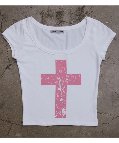 NIIER NOR(ニアノア)の「A'GEM/9 × .kom 『NIIER NOR/ニーアノア』WING CROSS SQUARE NECK TEE/羽クロススクエアネック Tシャツ(Tシャツ/カットソー・レディース・グレー/ホワイト・FREE)」の14枚目の写真
