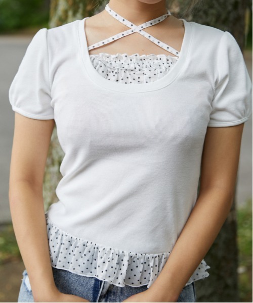 GORGE(ゴージ)の「《ホルターストラップ×ドットフリル》カットソー/韓国風×ガーリー/春夏/全3色(Tシャツ/カットソー・レディース・ブラック/オフホワイト/ライトブルー・F)」の4枚目の写真