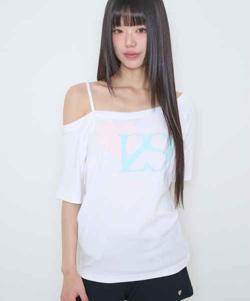 ILLIGO(イリゴ)の「129 ハートスナップワンショルダーティーシャツ ホワイトピンク(Tシャツ/カットソー・レディース・その他・OS)」の1枚目の写真