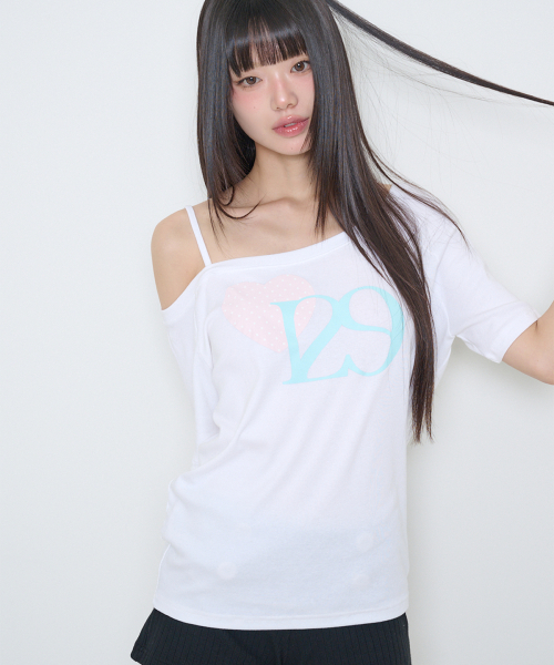 ILLIGO(イリゴ)の「129 ハートスナップワンショルダーティーシャツ ホワイトピンク(Tシャツ/カットソー・レディース・その他・OS)」の2枚目の写真