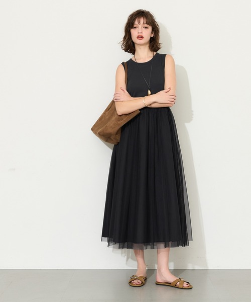 coca(coca)(コカ)の「チュールドッキングキャミワンピース(ワンピース・レディース・ブラック/ベージュ・L/M)」の6枚目の写真