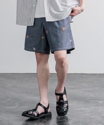 HOUSTON | HOUSTON CHAMBRAY ALLOVER EMB EASY SHORTS シャンブレー総柄刺繍イージーショートパンツ(その他パンツ)