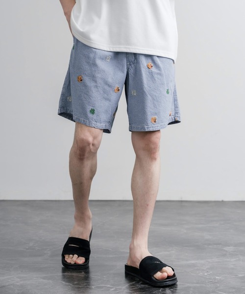 HOUSTON(ヒューストン)の「HOUSTON CHAMBRAY ALLOVER EMB EASY SHORTS シャンブレー総柄刺繍イージーショートパンツ(その他パンツ・メンズ・インディゴブルー/ライトブルー・XXL/XL/L/M)」の3枚目の写真