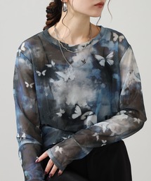 バタフライ柄 チュールレース長袖Tシャツ