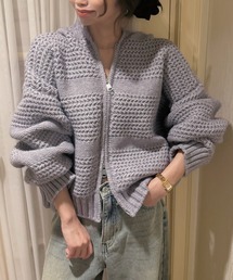 凹凸立体編み ダブルジップ ルーズ ニット カーディガン