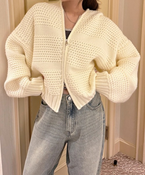 Ada.（エイダ）の「凹凸立体編み ダブルジップ ルーズ ニット カーディガン（カーディガン/ボレロ・レディース・グレー/ブラウン/アイボリー・FREE）」の7枚目の写真
