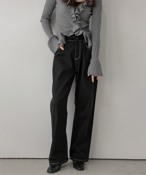 AMELY(エミリー)の「配色ステッチ ワイド ストレートパンツ/バックゴム/リラックス(その他パンツ・レディース・ブラウン/ブラック/ホワイト・L/M)」の5枚目の写真