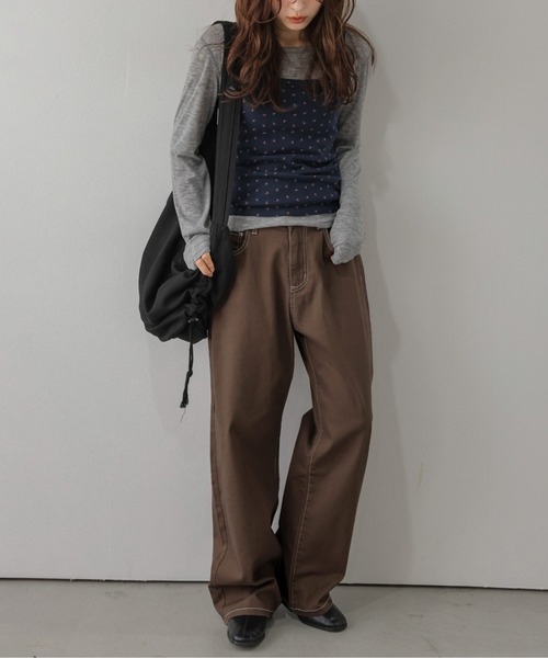 AMELY(エミリー)の「配色ステッチ ワイド ストレートパンツ/バックゴム/リラックス(その他パンツ・レディース・ブラウン/ブラック/ホワイト・L/M)」の8枚目の写真