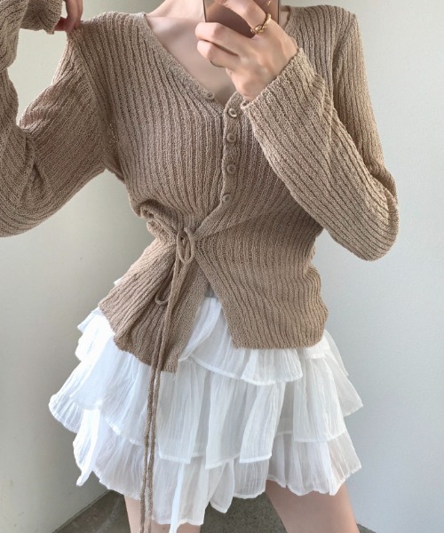 LUCPY(ラクピー)の「シアーニット カシュクールリボンカーディガン(その他アウター・レディース・ベージュ/ブラック/ホワイト・FREE)」の3枚目の写真