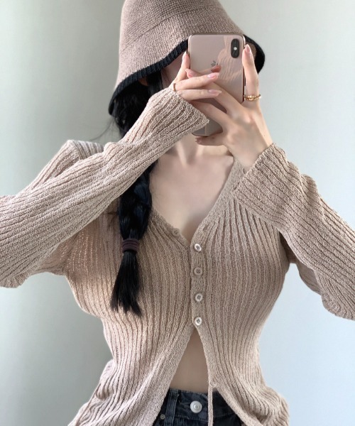 LUCPY(ラクピー)の「シアーニット カシュクールリボンカーディガン(その他アウター・レディース・ベージュ/ブラック/ホワイト・FREE)」の5枚目の写真