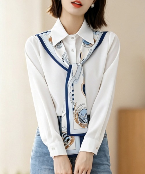 ReRe(リリ)の「スカーフ風タイ付き長袖ブラウス(シャツ/ブラウス・レディース・ホワイト・MEDIUM/X-LARGE/LARGE)」の7枚目の写真