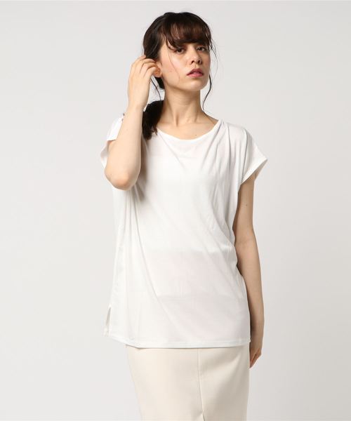 AMERICAN HOLIC(アメリカンホリック)の「・半袖シャーリング使いチュニック(Tシャツ/カットソー・レディース・ブラック/オフホワイト/カーキ/ブルー・FREE)」の2枚目の写真