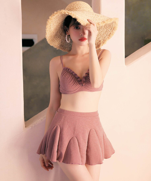 OSYAREVO（オシャレボ）の「ギャザーフリル フロントクロス ビキニ 4点セット 水着 セットアップ レディース（水着・レディース・グレー/ピンク/カーキ/ブラック・MEDIUM/LARGE/X-LARGE）」の16枚目の写真