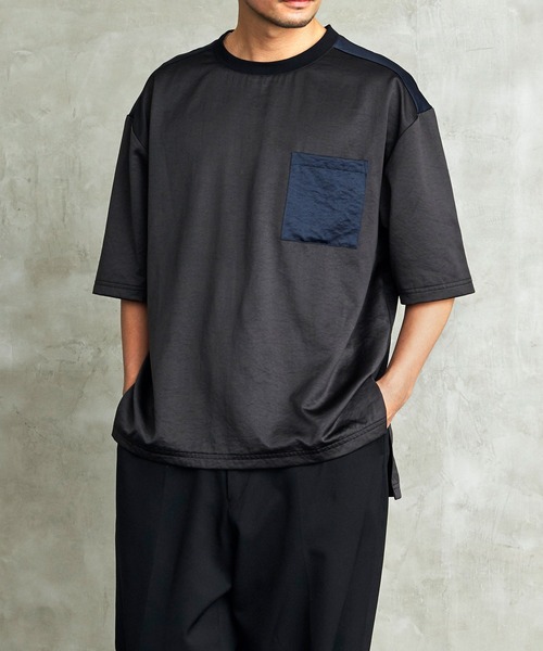 Loungewear tokyo(ラウンジウェアトウキョウ)の「ビッグシルエット 配色ビンテージサテン 1ポケット半袖ヘムラインカットソー(Tシャツ/カットソー・メンズ・ブラック系その他/ベージュ系その他/グリーン系その他/ブルー系その他・L/M)」の2枚目の写真