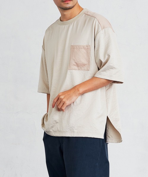 Loungewear tokyo(ラウンジウェアトウキョウ)の「ビッグシルエット 配色ビンテージサテン 1ポケット半袖ヘムラインカットソー(Tシャツ/カットソー・メンズ・ブラック系その他/ベージュ系その他/グリーン系その他/ブルー系その他・L/M)」の1枚目の写真