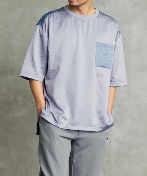 Loungewear tokyo(ラウンジウェアトウキョウ)の「ビッグシルエット 配色ビンテージサテン 1ポケット半袖ヘムラインカットソー(Tシャツ/カットソー・メンズ・ブラック系その他/ベージュ系その他/グリーン系その他/ブルー系その他・L/M)」の4枚目の写真