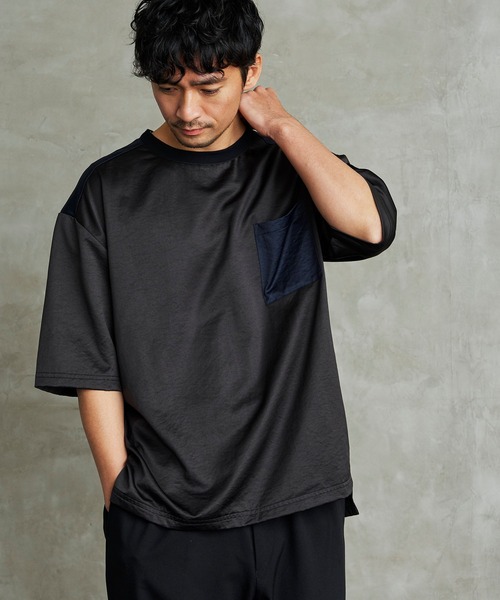 Loungewear tokyo(ラウンジウェアトウキョウ)の「ビッグシルエット 配色ビンテージサテン 1ポケット半袖ヘムラインカットソー(Tシャツ/カットソー・メンズ・ブラック系その他/ベージュ系その他/グリーン系その他/ブルー系その他・L/M)」の6枚目の写真