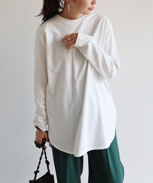 コットン長袖ラウンドヘムTシャツ チュニック