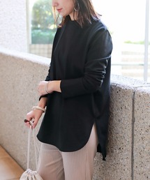 コットン長袖ラウンドヘムTシャツ チュニック