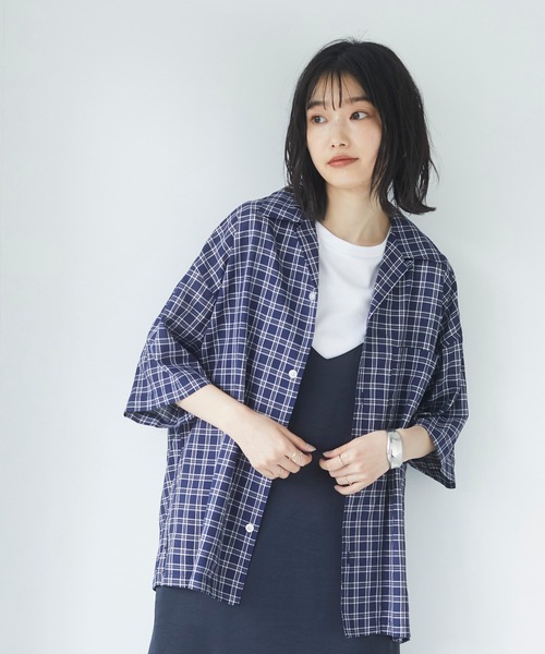 CRAFT STANDARD BOUTIQUE(クラフトスタンダードブティック)の「麻混半袖オープンカラーシャツ *(シャツ/ブラウス・メンズ・グリーン系その他2/ブルー系その他/ストライプ/レッド系その他・LL/M/L)」の1枚目の写真