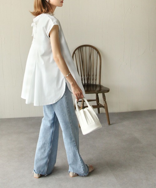 Chillfar（チルファー）の「2wayレースアップフレンチスリーブシャツチュニック（シャツ/ブラウス・レディース・ホワイト/ブラック・FREE）」の5枚目の写真