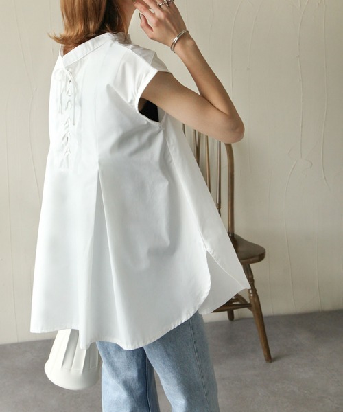 Chillfar（チルファー）の「2wayレースアップフレンチスリーブシャツチュニック（シャツ/ブラウス・レディース・ホワイト/ブラック・FREE）」の6枚目の写真