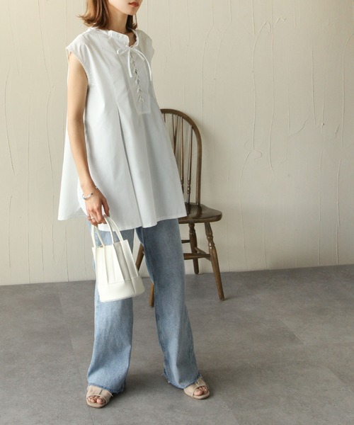 Chillfar（チルファー）の「2wayレースアップフレンチスリーブシャツチュニック（シャツ/ブラウス・レディース・ホワイト/ブラック・FREE）」の9枚目の写真