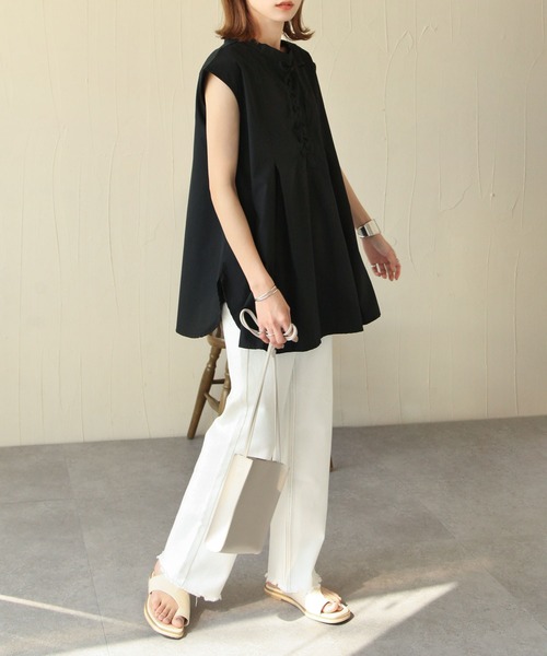 Chillfar（チルファー）の「2wayレースアップフレンチスリーブシャツチュニック（シャツ/ブラウス・レディース・ホワイト/ブラック・FREE）」の12枚目の写真