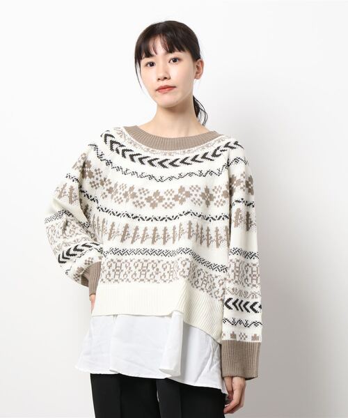 HONEYSUCKLE ROSE（ハニーサックルローズ）の「【HONEYSUCKLE ROSE】フェイクレイヤード柄ニット（ニット/セーター・レディース・ブラウン/オフホワイト・L/M）」の2枚目の写真