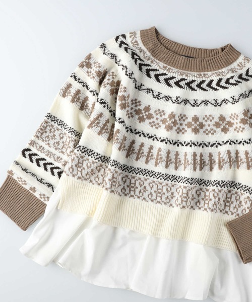 HONEYSUCKLE ROSE（ハニーサックルローズ）の「【HONEYSUCKLE ROSE】フェイクレイヤード柄ニット（ニット/セーター・レディース・ブラウン/オフホワイト・L/M）」の5枚目の写真