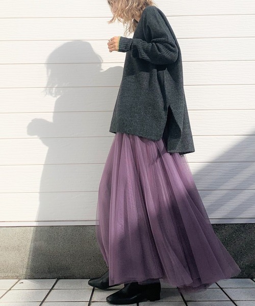 Q(キュー)の「チュールフレアスカート(スカート・レディース・オリーブ/パープル/ブラック・MEDIUM)」の5枚目の写真