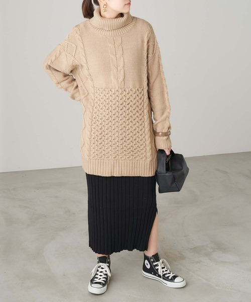 Chaco closet(チャコ クローゼット)の「ランダムケーブル編みタートルネックニット(ニット/セーター・レディース・ベージュ/アイボリー/グリーン/キャメル/パープル/カーキ・FREE)」の13枚目の写真