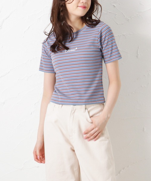 CONVERSE(コンバース)の「CONVERSE コンバース リブクロップドボーダーTシャツ(Tシャツ/カットソー・レディース・ホワイト/ブルー/ブラック/オフホワイト・L/M)」の4枚目の写真