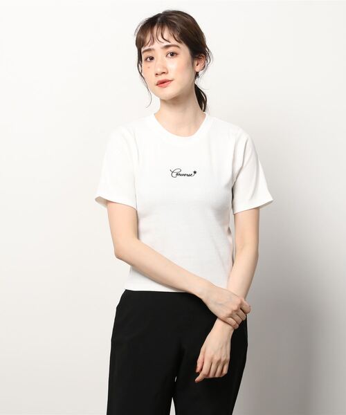 CONVERSE(コンバース)の「CONVERSE コンバース リブクロップドボーダーTシャツ(Tシャツ/カットソー・レディース・ホワイト/ブルー/ブラック/オフホワイト・L/M)」の7枚目の写真